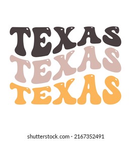 Wavy Texas, USA Lettering Design. Retro Waves Illustration Vectordesign. Hippie Clip Art Stack Text Boho.