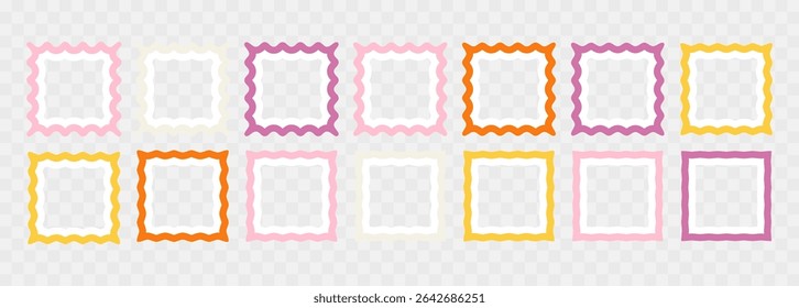 Wavy text frame borders. Scallop shape line picture frames. Vector  set of wave rectangle cadre bg. Kid graphic wiggly backgrounds. Fun colorful square groovy 60s squiggly zigzag speech bubbles