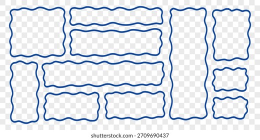 Wavy Textbox Blue Line Set in Transparent Png Background. Text Box Shape Frame Kit. Edge Rectangle Edge Border Bundle. Doodle Vector Illustration