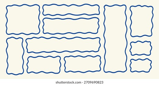 Wavy Textbox Blue Line Set. Text Box Shape Frame Kit. Edge Rectangle Edge Border Bundle. Doodle Vector Illustration