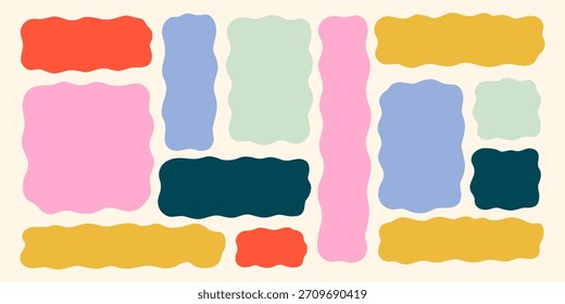 Wavy Textbox Colorful Figure Set. Text Box Shape Frame Kit. Edge Rectangle Edge Border Bundle. Doodle Vector Illustration