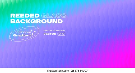 Wavy textured reeded glass background with color gradient wavy pattern. Vector blue purple gradient background with glass displacement effect of 3D ribbed glass morphism