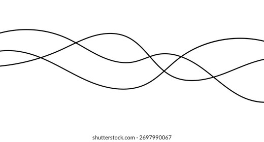 Wavy thin curved lines set on isolated page. Modern flowing graphical lines set on white page. Linear geometric wavy lines set on white background. EPS 10. 