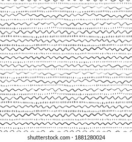 Wavy thin lines with dashes vector seamless pattern. Vertical simple brush strokes and horizontal curly lines. Black paint hand drawn background. Geometric ornament for wrapping paper. 