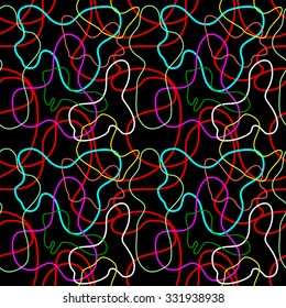 Wavy threads seamless pattern. Abstract seamless doodle vector pattern. 1960s style textile collection. Colorful on black.  Backgrounds & textures shop.