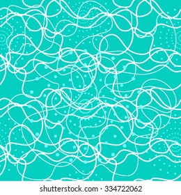 Wavy threads seamless pattern with dotted rings. Abstract seamless doodle vector background. 1960s style textile collection. Turquoise. Backgrounds & textures shop. 