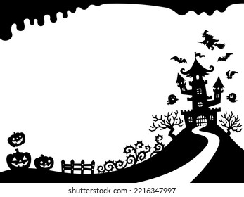 Wavy top and bottom frame illustration of haunted house silhouette for Halloween in paper cut style