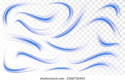 Wavy transparent curved lines in the form of the movement of sound waves in a set of different shapes of whirlpool, twist, spiral. Blue stripes in the form of drill, turns and swirl.	
