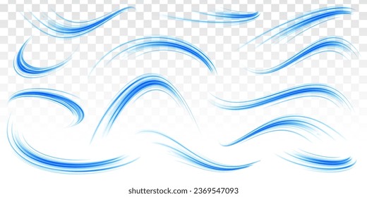 Wavy transparent curved lines in the form of the movement of sound waves in a set of different shapes of whirlpool, twist, spiral. Blue stripes in the form of drill, turns and swirl.	