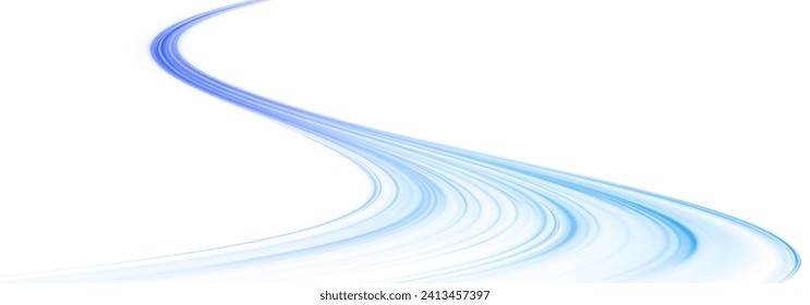 Wavy transparent curved lines in the form of the movement of sound waves in a set of different shapes of whirlpool, twist, spiral. Blue stripes in the form of drill, turns and swirl.