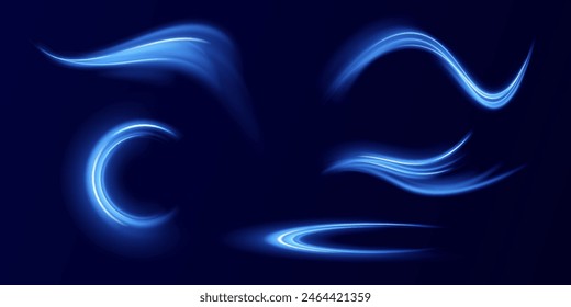 Wavy transparent curved lines in the form of the movement of sound waves in a set of different shapes of whirlpool, twist, spiral. Blue stripes in the form of drill, turns and swirl.