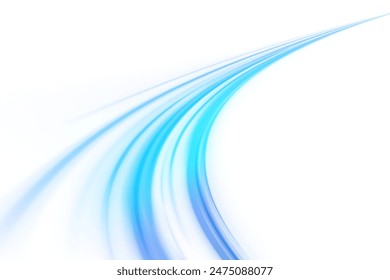 Wavy transparent curved lines in the form of the movement of sound waves in a set of different shapes of whirlpool, twist, spiral. Blue stripes in the form of drill, turns and swirl.	