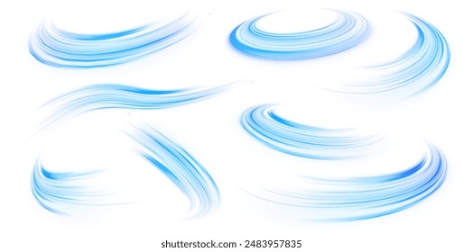 Wavy transparent curved lines in the form of the movement of sound waves in a set of different shapes of whirlpool. Light, light garland PNG.	