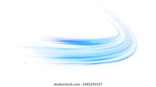 Wavy transparent curved lines in the form of the movement of sound waves in a set of different shapes of whirlpool. Light, light garland PNG.	