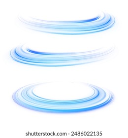 Wavy transparent curved lines in the form of the movement of sound waves in a set of different shapes of whirlpool. Light, light garland PNG.	