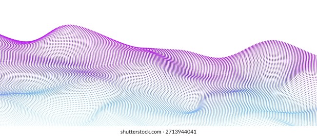 Transparente wellenförmige Textur mit Rasterpunkten und farbenfrohen abstrakten Linien. Moderner digitaler Hintergrund mit fließenden Kurven, elektrischer Energie und futuristischen Tech-Elementen.