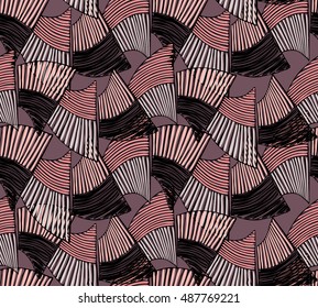 Wavy trapezoids striped pink.Hand drawn with ink seamless background.Rough texture created with hatched geometrical shapes.