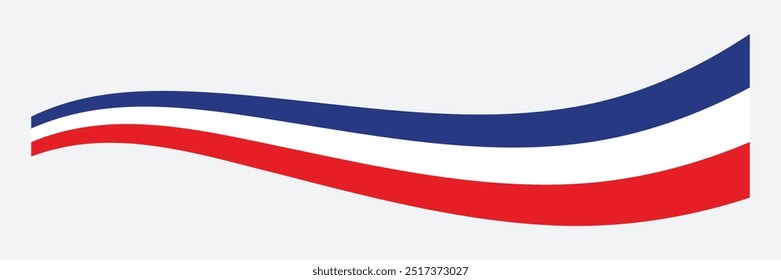 Cinta tricolor ondulada de la bandera de Francia. Anuncio de color francés aislado sobre fondo blanco. Ilustración vectorial editable.