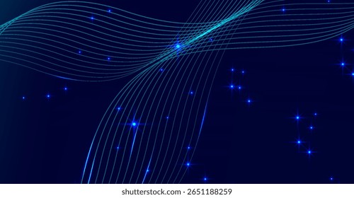 Linhas de turquesa onduladas dançam contra um fundo de gradiente azul escuro, pontuadas por estrelas azuis cintilantes, criando uma sensação de profundidade e movimento fluente com estilo futurista