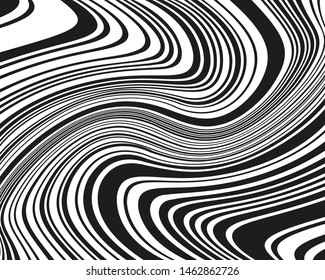 Wavy twisted lines, design black and white. Digital image with a psychedelic stripes. Vector illustration   