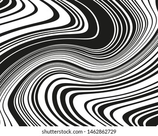 Wavy twisted lines, design black and white. Digital image with a psychedelic stripes. Vector illustration   