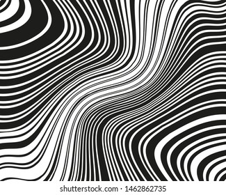 Wavy twisted lines, design black and white. Digital image with a psychedelic stripes. Vector illustration   