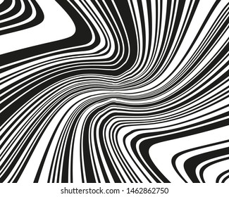 Wavy twisted lines, design black and white. Digital image with a psychedelic stripes. Vector illustration   