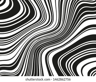 Wavy twisted lines, design black and white. Digital image with a psychedelic stripes. Vector illustration   