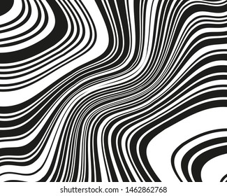 Wavy twisted lines, design black and white. Digital image with a psychedelic stripes. Vector illustration   