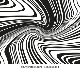 Wavy twisted lines, design black and white. Digital image with a psychedelic stripes. Vector illustration   