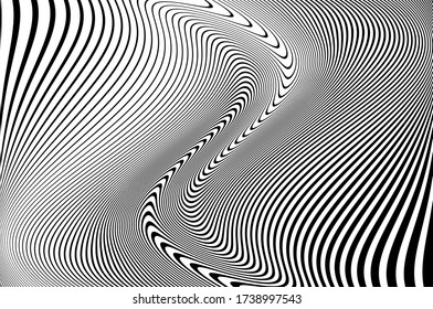 Wavy twisted pattern, black and white color. Digital image with a psychedelic stripes. Vector illustration  