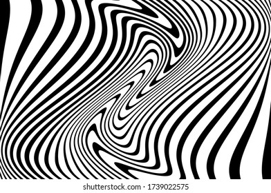 Wavy twisted pattern, black and white color. Digital image with a psychedelic stripes. Vector illustration  