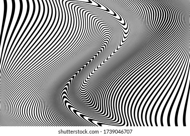 Wavy twisted pattern, black and white color. Digital image with a psychedelic stripes. Vector illustration  