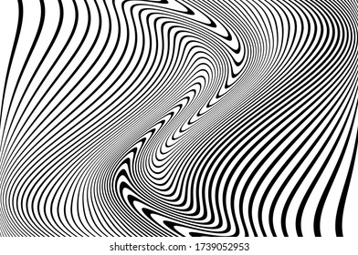 Wavy twisted pattern, black and white color. Digital image with a psychedelic stripes. Vector illustration  