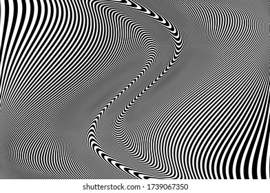 Patrón torcido ondulado, color blanco y negro. Imagen digital con franjas psicodélicas. Ilustración del vector  