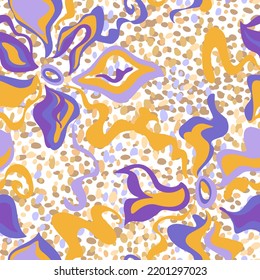 Wavy twisted stripes and lines seamless pattern forming floral elements as leaves, flowers mixed with spotted texture. Curved, rounded brush strokes shapes on abstract mottled background.