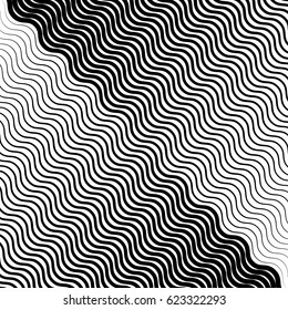Wavy, undulating lines geometric monochrome pattern. Slanted lines with waving distortion
