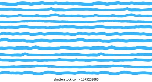 Wavy uneven blue stripes seamless repeat vector background. Crooked, deformed streaks, bars, water waves pattern. Horizontal border template. Marine, sea, naval summer, holiday striped template.