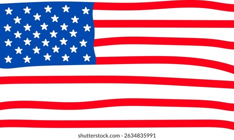 Wavy United States Flag Illustration. Hand-Drawn Style US Flag for Patriotic and Creative Designs. wavy USA flag Cartoon style illustration.