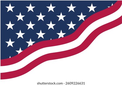Wavy USA flag background with blue stars and red stripes on white. Patriotic banner design for Independence Day and national events