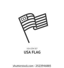 Wavy USA Flag on Flagpole Black Thin Line Icon American Symbol Concept. Vector illustration of National and Patriotic Element