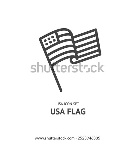 Wavy USA Flag on Flagpole Black Thin Line Icon American Symbol Concept. Vector illustration of National and Patriotic Element