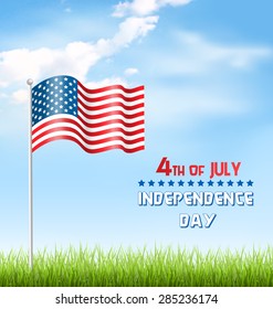 Wavy USA national flag with grass and clouds on sky background