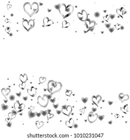 Wavy Valentines day background with random hand drawn falling silver hearts isolated on white.