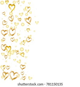 Wavy Valentines day background with random hand drawn falling golden hearts isolated on white.