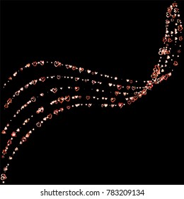 Wavy Valentines day background with random hand drawn falling red hearts isolated on black.