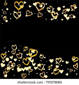 Wavy Valentines day background with random hand drawn falling golden hearts isolated on black.
