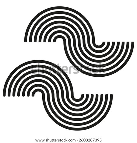 Wavy vector arcs. Symmetrical black lines. Concentric curved shapes. Dynamic abstract elements.
