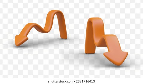 Wavy vector arrow in plasticine style, view from different sides. Vector orange pointer. Isolated image with shadows. Symbol of movement, determination of direction. Failures and success