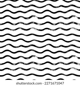 Wavy vector seamless pattern. Chaotic black ink scribbles decorative texture. Hand drawn messy doodles, bold curvy lines illustration. Horizontal brush strokes with dry brush texture. 